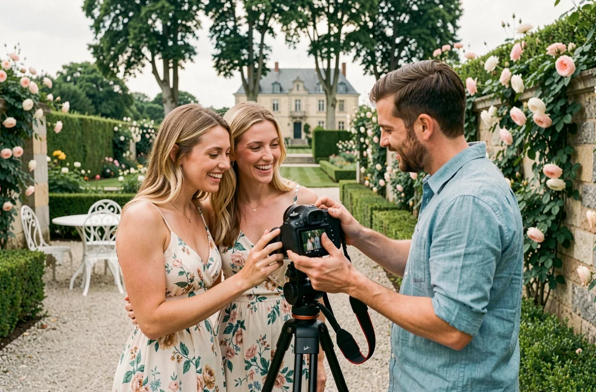 Photographe et clientes qui consultent des photos lors d'un mariage en extérieur près de Blois