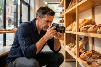 Photographe professionnel en train de photographier l'intérieur d'une boulangerie artisanale pour valoriser une activité commerciale