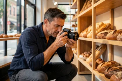 Photographe professionnel en train de photographier l'intérieur d'une boulangerie artisanale pour valoriser une activité commerciale