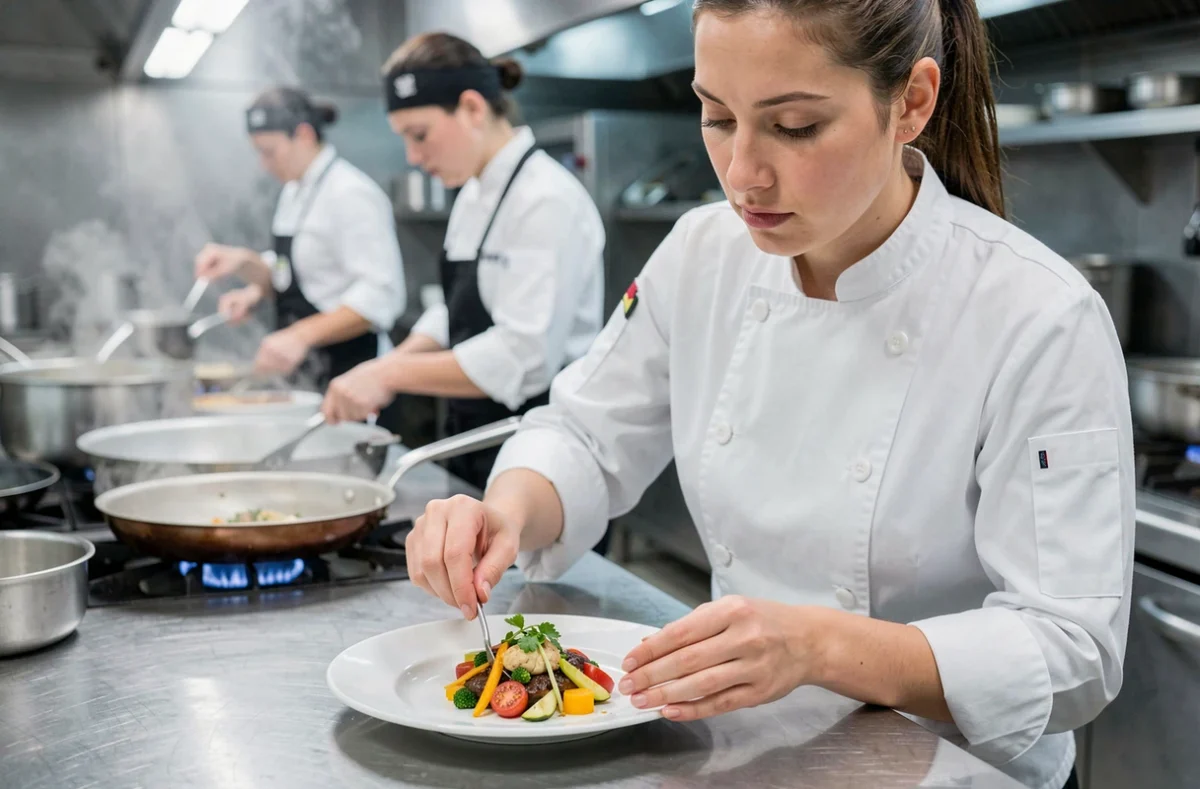 Photographe de métier capturant une cheffe cuisinière en action dans sa cuisine professionnelle pour valoriser son restaurant