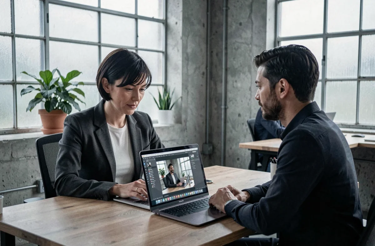 Photographe professionnelle discutant des photos de métier avec un chef d'entreprise dans un espace de coworking moderne
