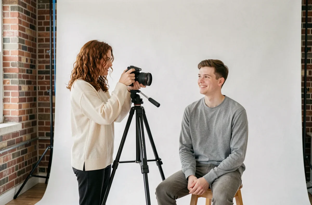 Photographe de portrait ajustant son appareil dans un studio photo minimaliste à Amiens avec son client