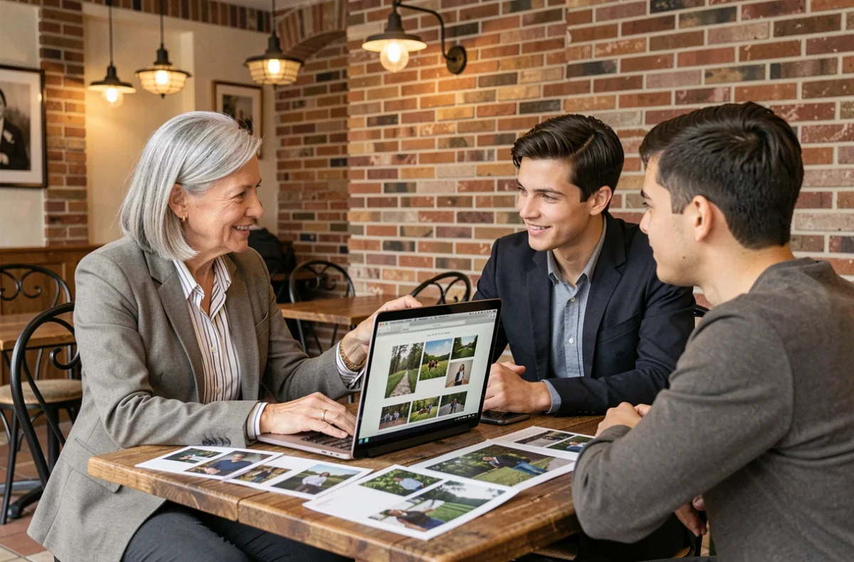 Photographe présentant son portfolio et ses tarifs à des clients dans un café près de Cadaujac