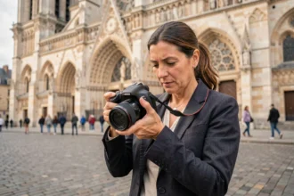 Photographe professionnelle devant la cathédrale d'Amiens tenant un appareil photo reflex et consultant ses clichés