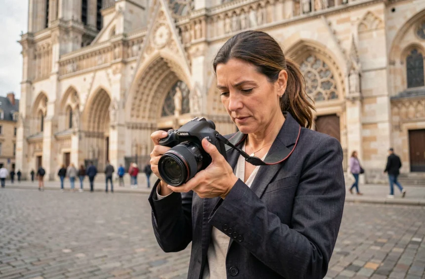 Photographe professionnelle devant la cathédrale d'Amiens tenant un appareil photo reflex et consultant ses clichés