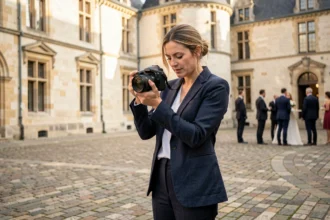 Photographe professionnelle devant le Château de Blois lors d'un événement extérieur