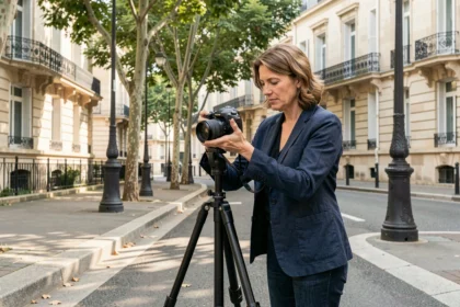 Photographe professionnelle ajustant son appareil photo sur un trépied dans une rue de Maisons-Alfort