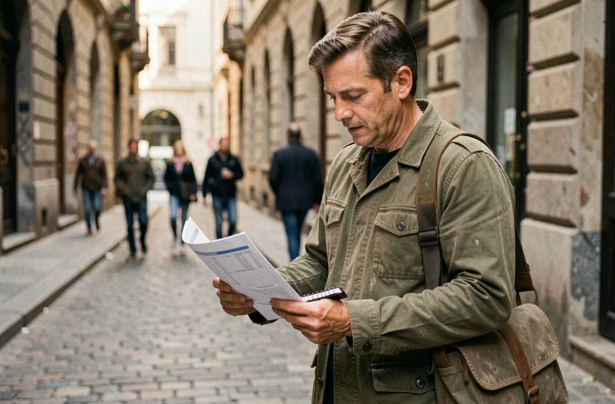 Photographe en repérage extérieur consultant des documents administratifs et un permis de tournage en milieu urbain
