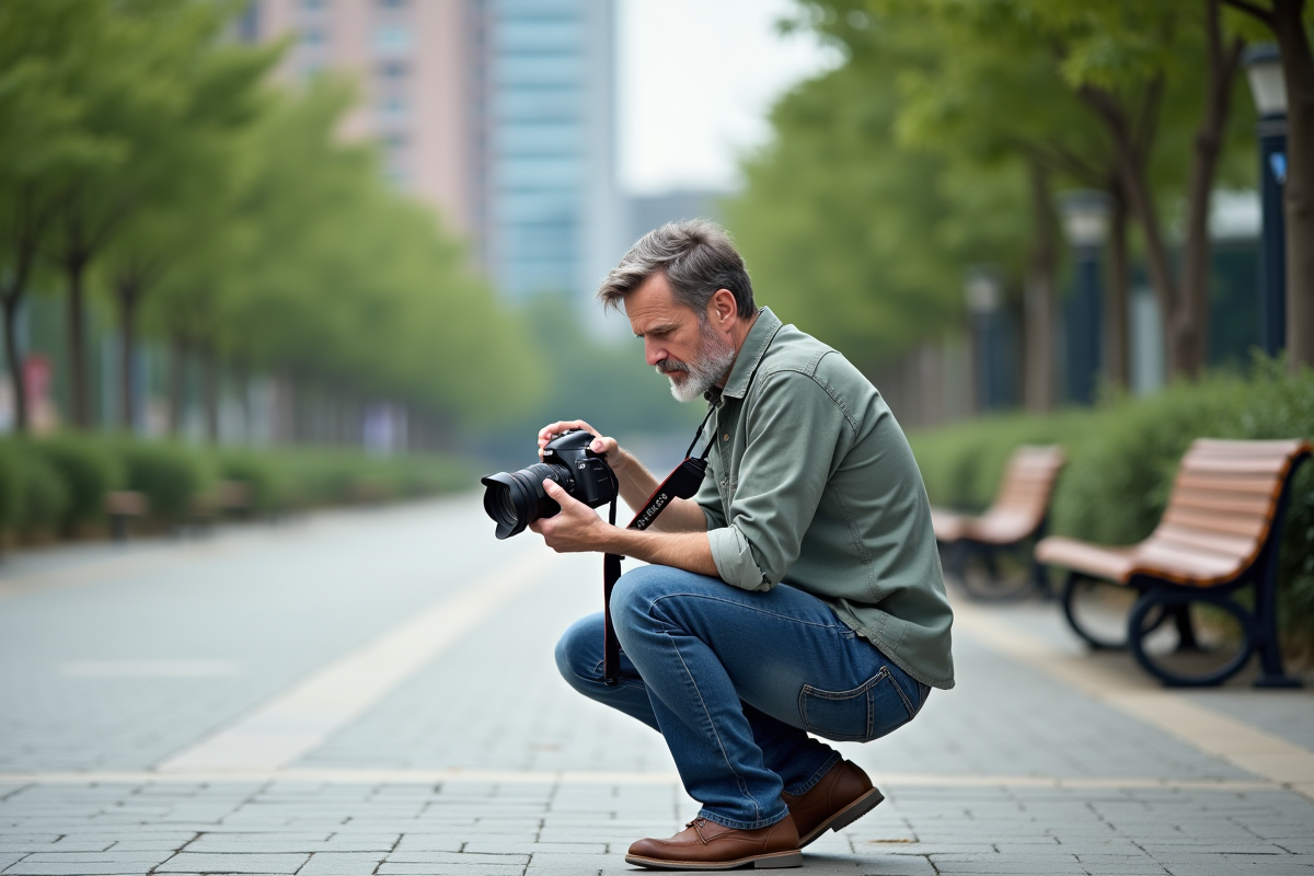 Photographe en extérieur dans un parc urbain