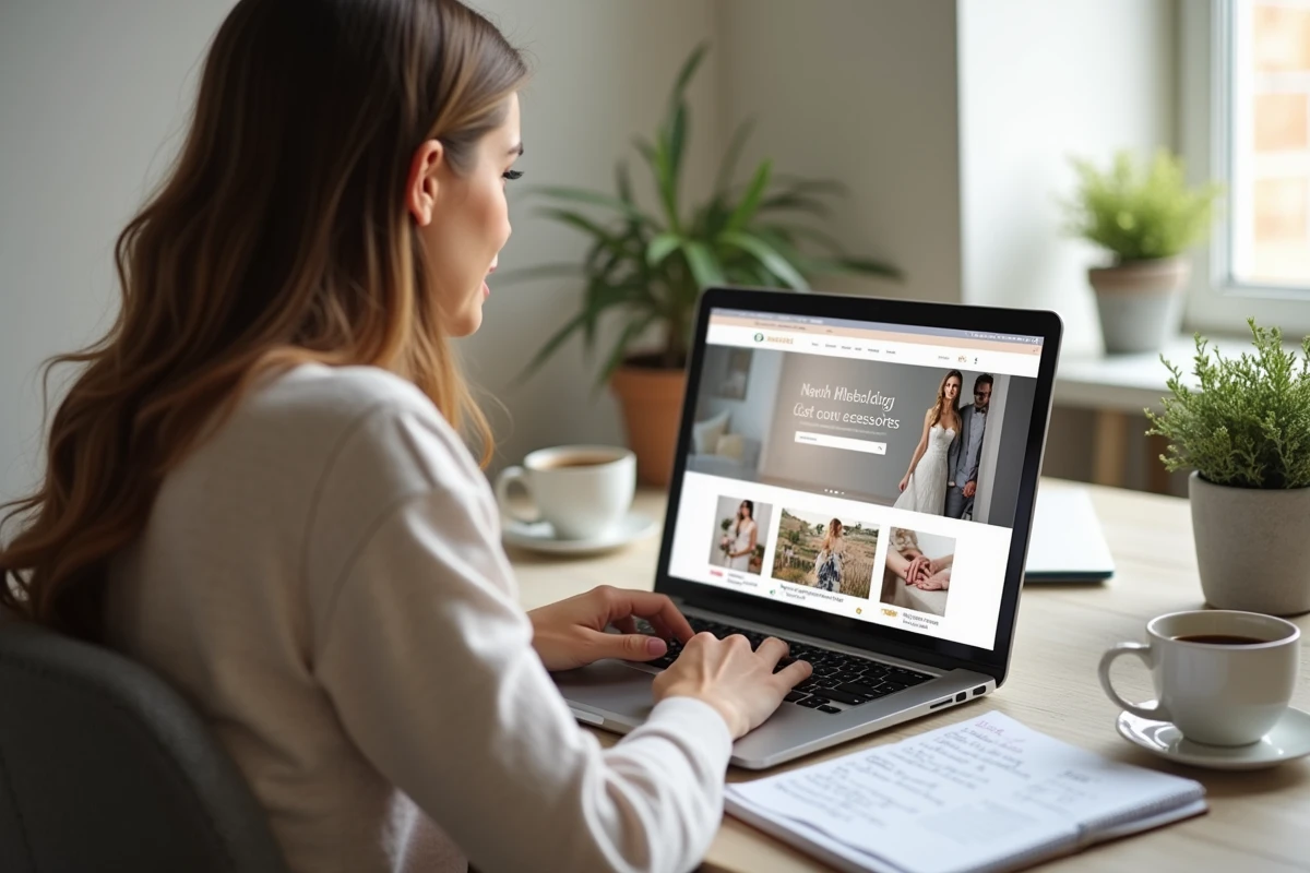 Femme planifiant son budget mariage en ligne depuis son bureau à domicile avec un carnet de notes