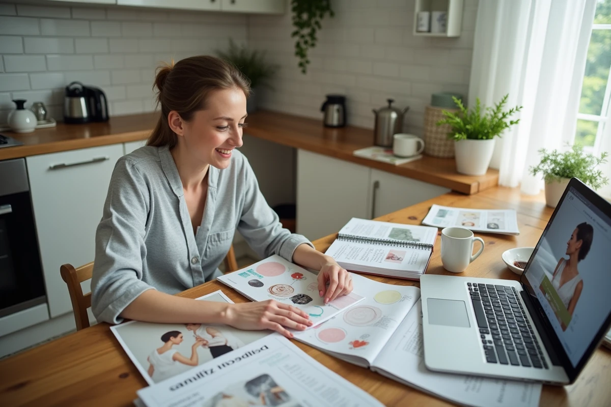 Femme planifiant son mariage avec un petit budget à la maison, entourée de magazines, échantillons de tissus et d'un cahier de budget