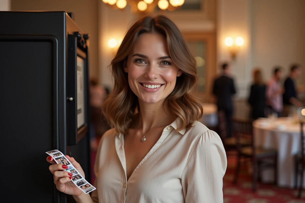 Femme souriante tenant une bande photo dans un photobooth