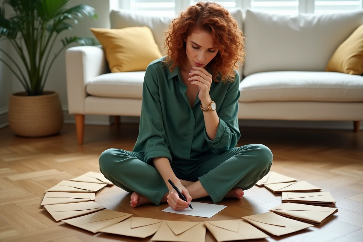 Femme préparant les enveloppes du jeu des douze mois avec soin sur le sol d'un salon moderne