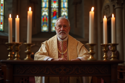 Prêtre en vestes liturgiques devant un autel ancien