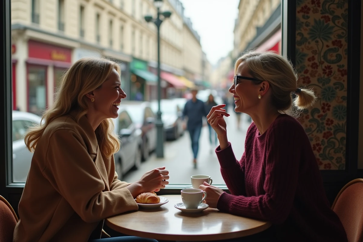 Deux femmes discutant dans un café parisien, symbolisant les confidences de proches sur la vie à France Télévisions