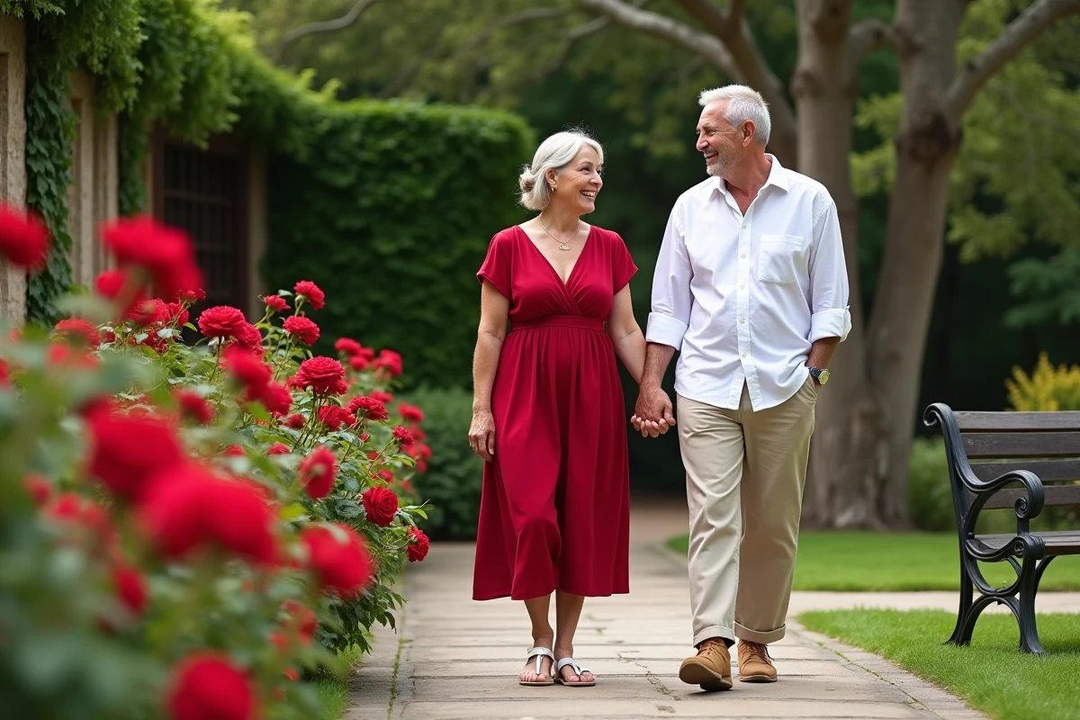 Mari et femme se promenant dans un jardin fleuri de roses rouges pour célébrer leurs noces de rubis après 35 ans de mariage
