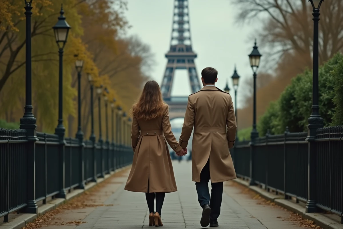 Couple se promenant discrètement dans un parc parisien