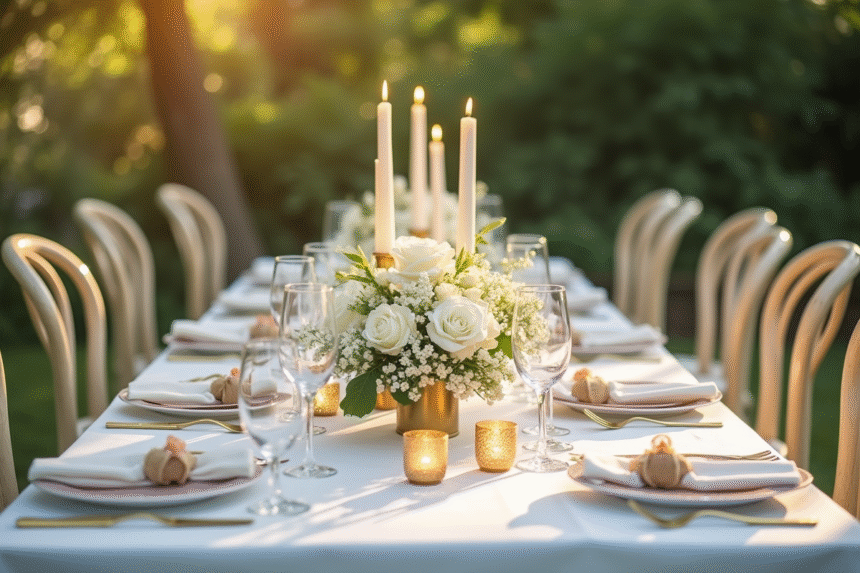 Table de mariage élégante en plein air décorée de fleurs blanches