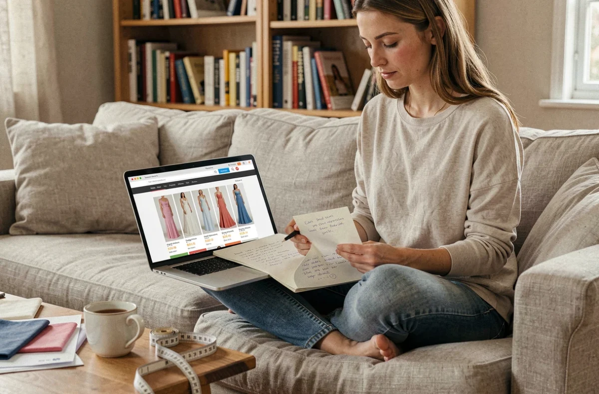 Femme comparant des robes de mariée pas chères sur internet depuis son salon avec des notes et des échantillons de tissu