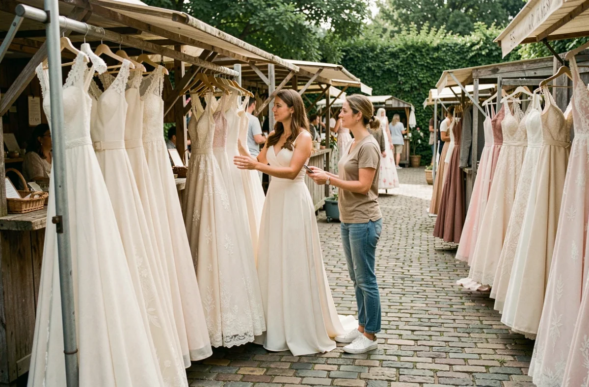 Deux femmes cherchant des robes de mariée abordables dans un marché vintage en plein air