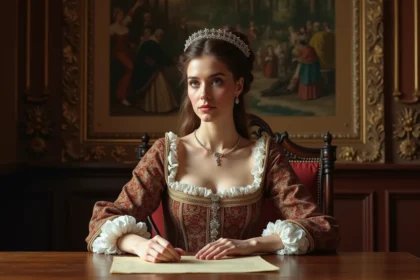 Portrait d'une femme royale du 17e siècle en robe riche