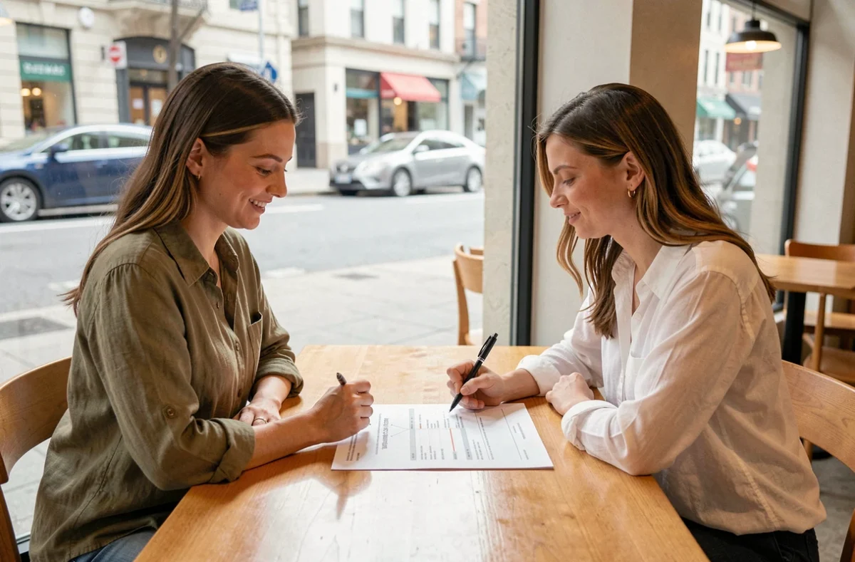 Deux femmes discutant des délais et des retouches d'un projet mode autour d'une table de café