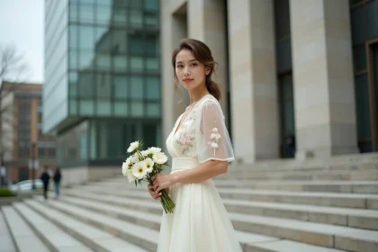 Femme en robe mi-longue ivoire ASOS devant une mairie moderne pour un mariage civil chic en 2026