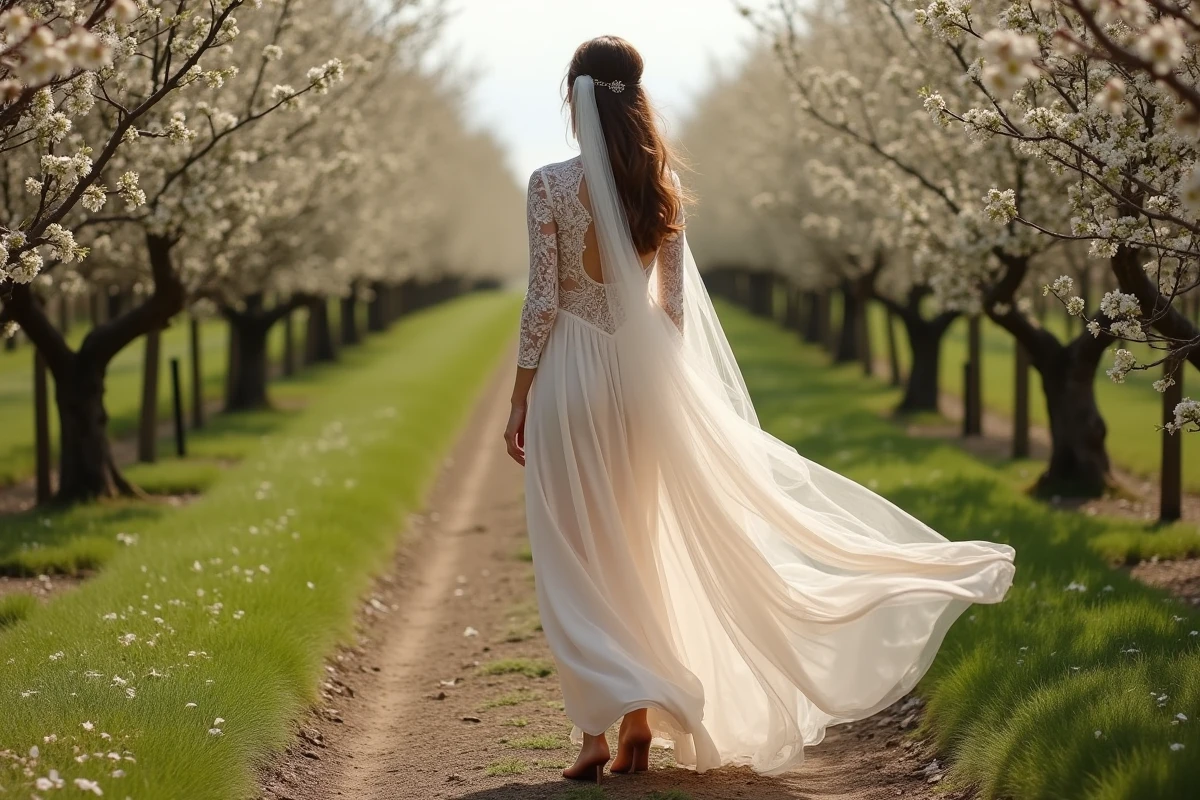 Mariée en robe champêtre ivoire à manches en dentelle marchant pieds nus dans un verger en fleurs au printemps