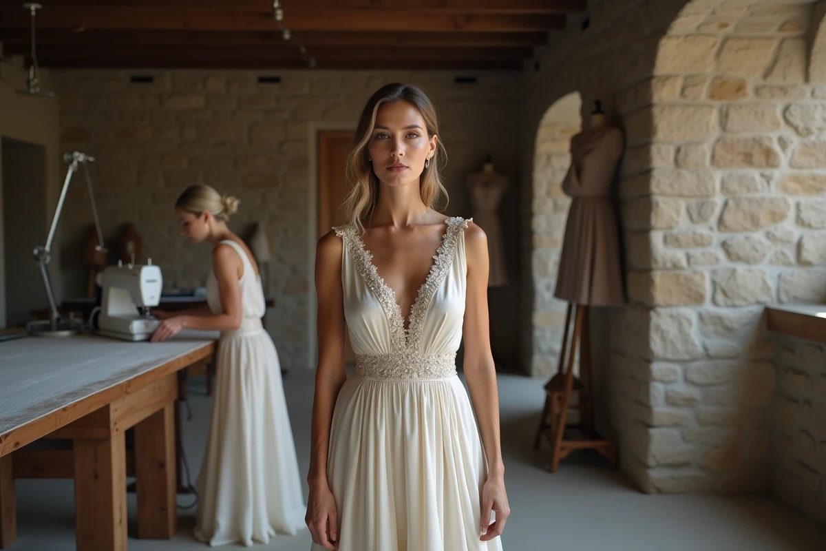 Robe de créateur en soie ivoire ajustée par une couturière en atelier de haute couture, prix élevé et savoir-faire artisanal