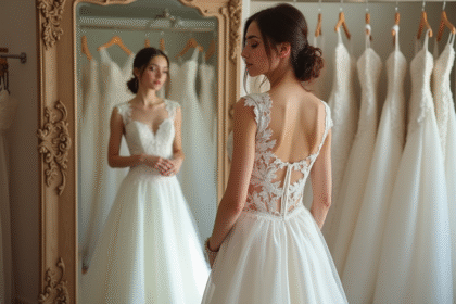 Jeune femme en robe de mariée élégante dans une boutique