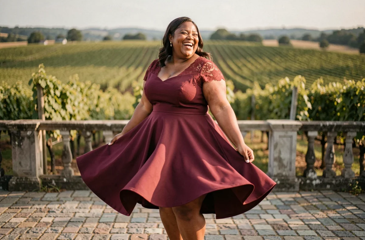 Femme grande taille en robe bordeaux à dentelle virevoltant sur une terrasse de mariage avec vue sur un vignoble