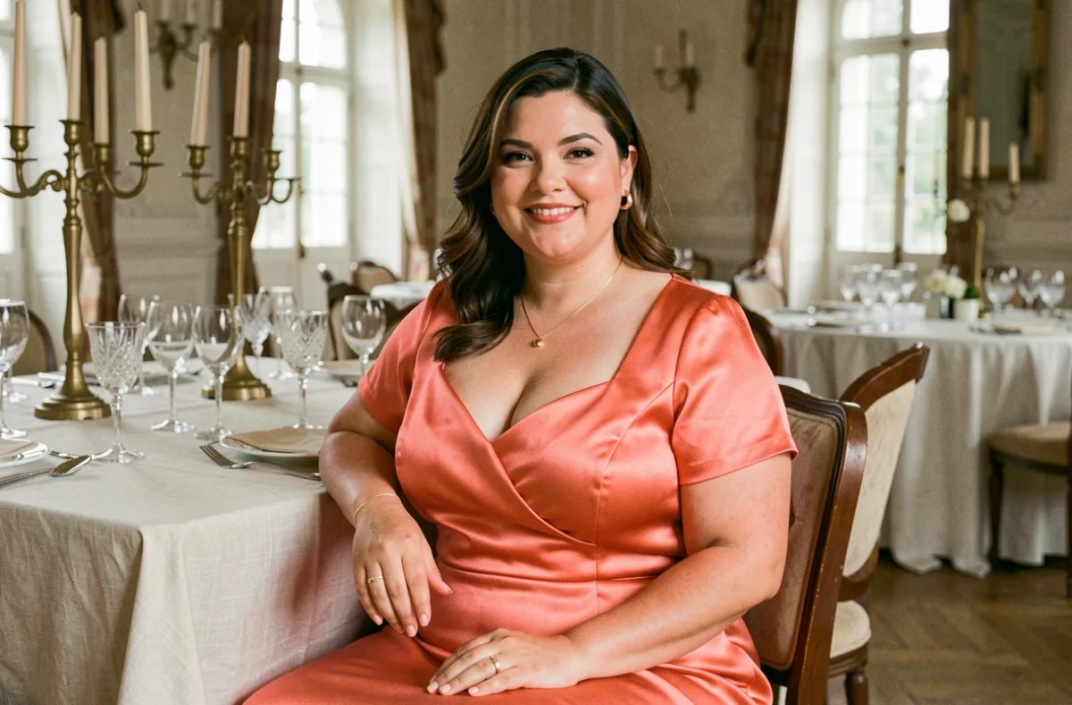 Femme grande taille en robe corail dans un château de mariage, assise à une table de réception élégante