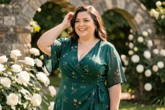 Femme grande taille en robe verte émeraude dans un jardin de mariage, mettant en valeur son teint chaleureux