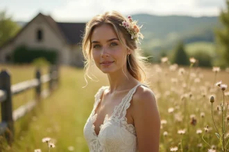 Mariée en robe ivoire champêtre portant une robe de mariée en dentelle dans une prairie fleurie à la campagne