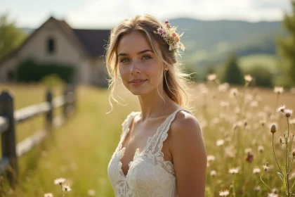 Mariée en robe ivoire champêtre portant une robe de mariée en dentelle dans une prairie fleurie à la campagne