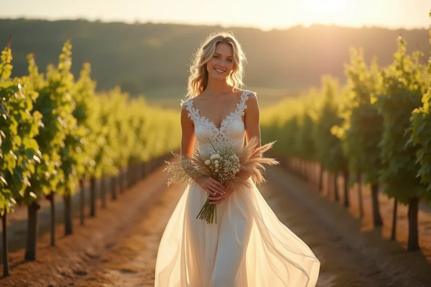 Mariée en robe bohème ivoire avec dentelle dans un vignoble près de Bordeaux pour un mariage champêtre