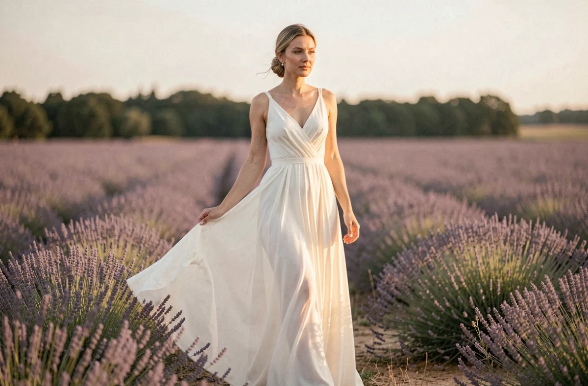 Robe de mariée fluide en mousseline dans un champ de lavande en Provence, style champêtre minimaliste et chic