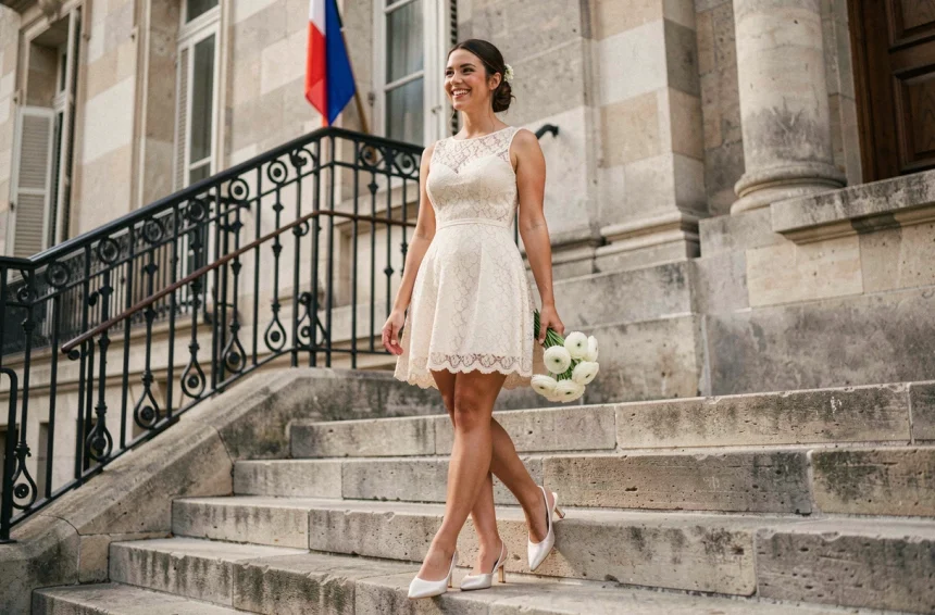 Jeune mariée en robe courte en dentelle ivoire sur les marches d'une mairie française pour un mariage civil