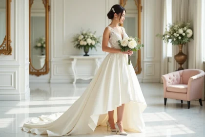 Mariée en robe courte devant longue derrière en soie ivoire avec chignon perlé et bouquet de pivoines blanches dans une boutique élégante