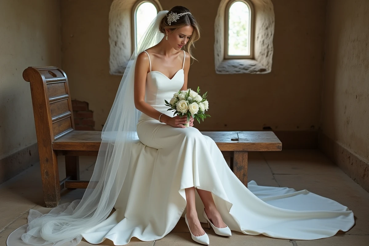 Mariée assise en robe courte devant longue derrière avec voile fingertip et bracelet diamant dans une chapelle en pierre rustique