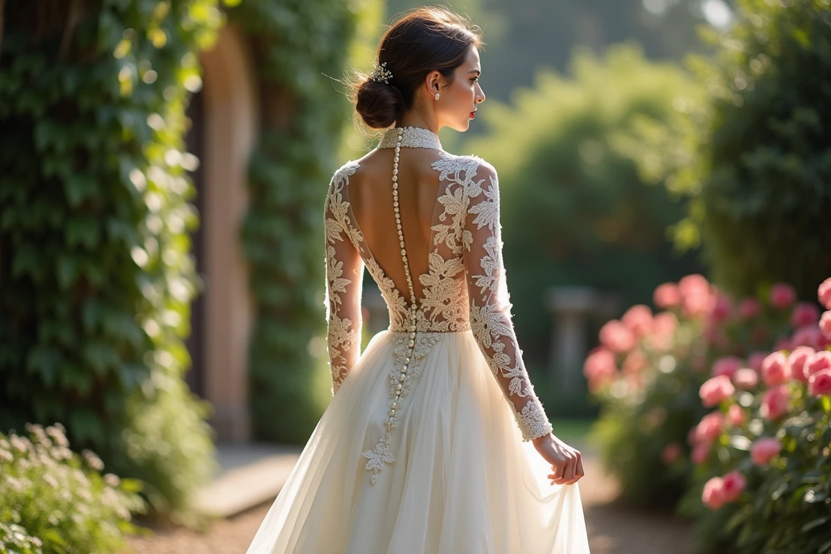Vue dos d'une robe de mariée dentelle manches longues col haut dans un jardin botanique romantique avec murs en pierre et rosiers floutés