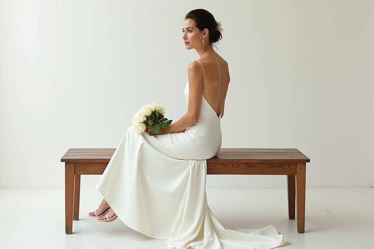 Mariée assise en robe de mariée fourreau crêpe minimaliste dans un studio épuré, tendance robe de mariée simple et pas chère pour 2026