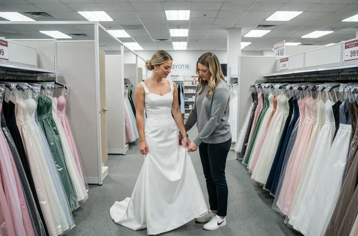 Femme essayant une robe de mariée simple dans une grande enseigne de prêt-à-porter nuptial avec prix affiché