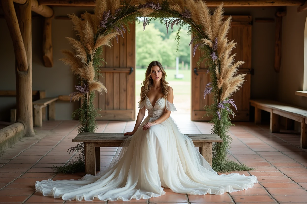 Robe de mariée ivoire à épaules dénudées portée dans une grange rustique décorée de pampa et lavande séchée