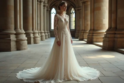 Robe de mariée longue manche en dentelle portée dans une cathédrale gothique, silhouette élégante et traîne cathédrale sur marbre ancien