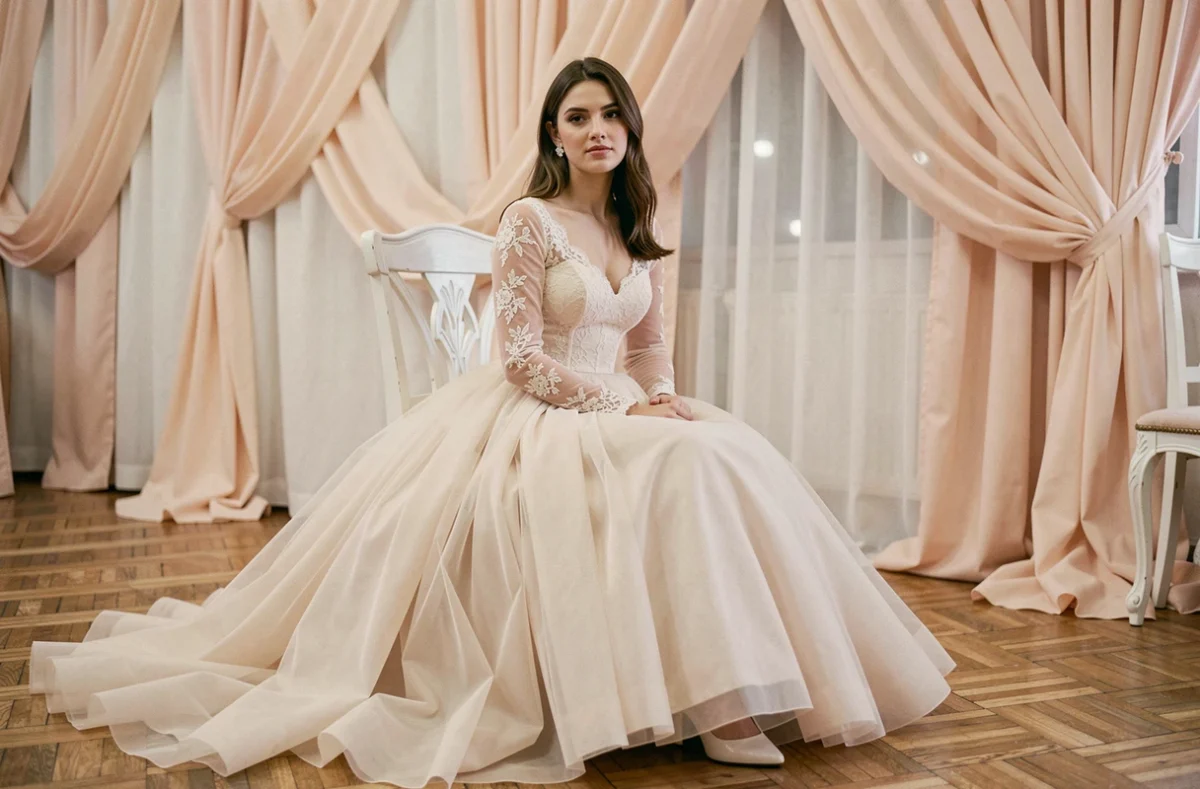 Petite mariée en robe de longueur thé en tulle superposé et bustier en dentelle à manches longues, assise sur une chaise vintage dans une salle de réception décorée en blush