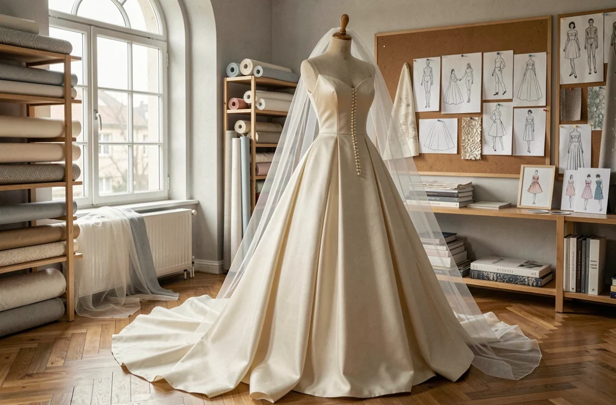 Robe de mariée de luxe sur-mesure exposée dans un atelier de création avec voile en tulle français et détails en perles