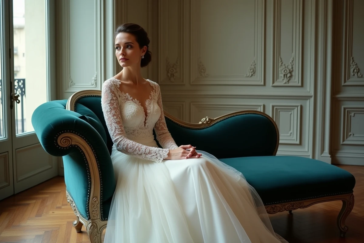 Mariée en robe de mariée manches longues dentelle assise sur une chaise longue velours dans un appartement parisien haussmannien élégant