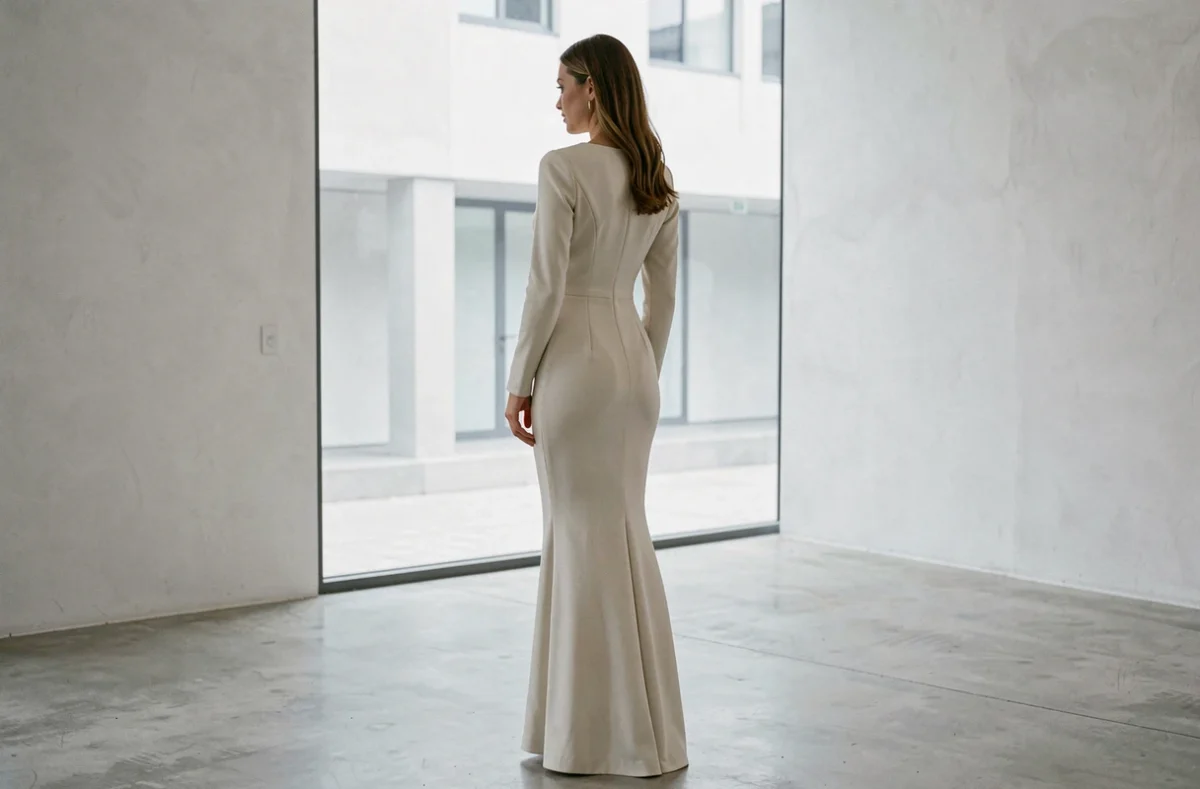 Robe de mariée minimaliste à col bateau en satin mat dans un espace galerie contemporain, style épuré et intemporel