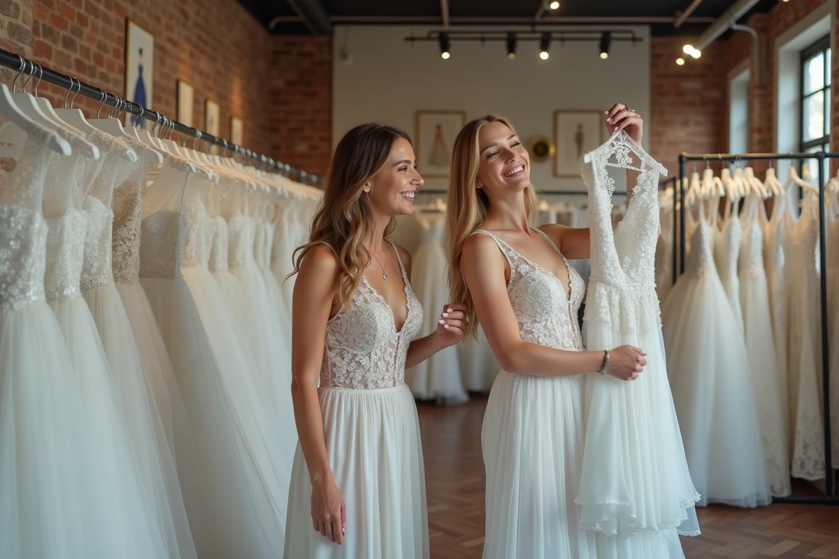 Deux amies cherchant une robe de mariée d'occasion dans une boutique de robes de mariage vintage et de seconde main